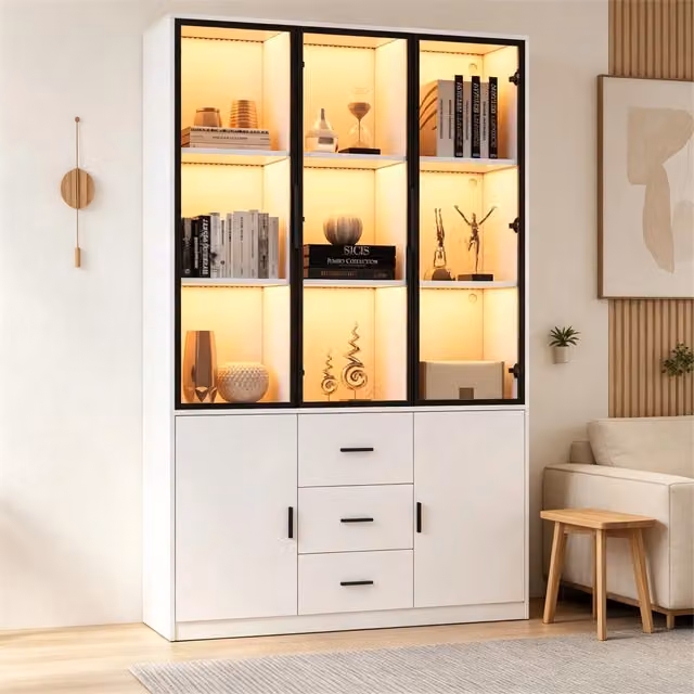 Vetrina con illuminazione RGB, 5 ante, 3 cassetti e 13 vani, ripiani regolabili, per soggiorno, bianca, 120 × 30 × 200 cm