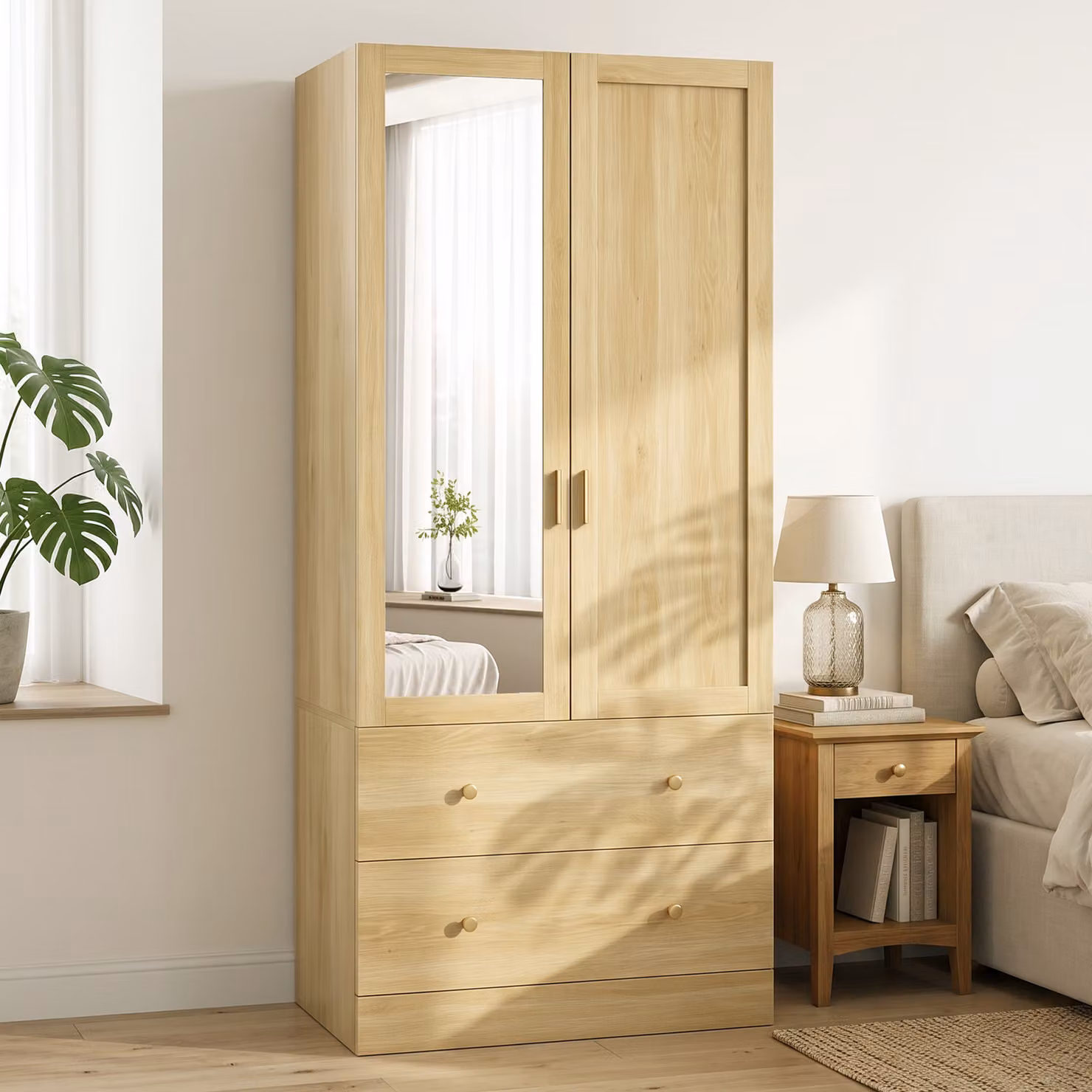 Armadio guardaroba HOMCOM con specchio, 2 ante, 2 cassetti e barra appendiabiti, colore rovere, L: 80 cm, P: 50 cm, H: 180 cm – 2