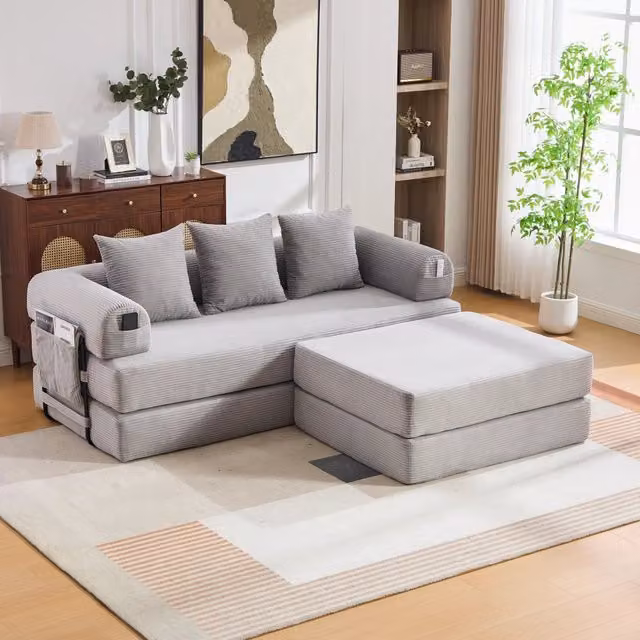 Divano modulare con pouf - Zephmum- Telaio metallico robusto, cuscini comodi, imbottitura extra spessa, combinabile liberamente, colore grigio chiaro