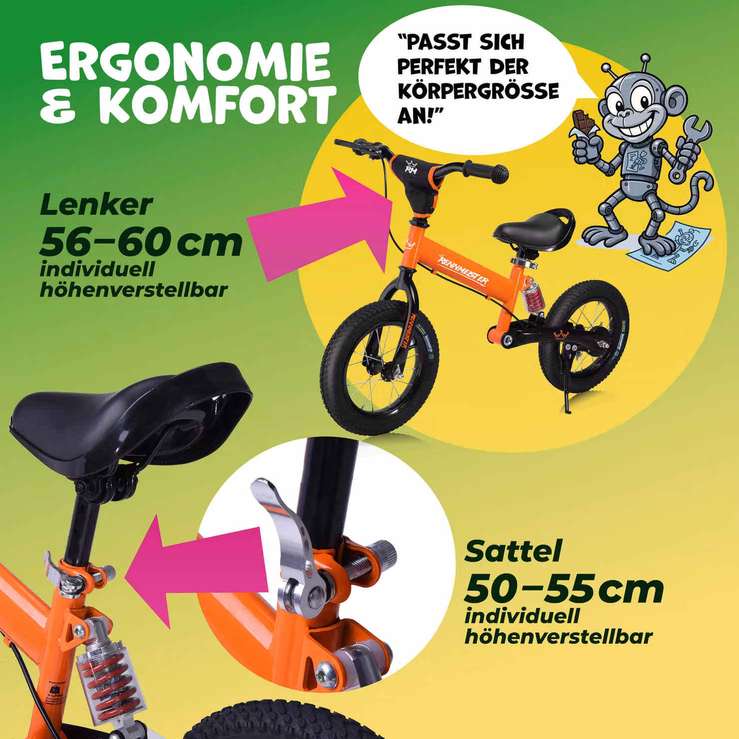 Bici equilibrio Rennmeister arancione con maniglia di spinta e freno regolabile – 4