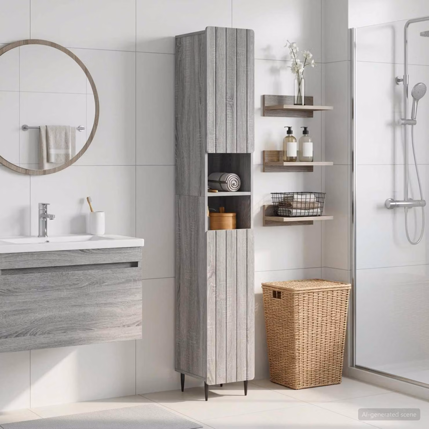 Armadio da bagno vidaXL ZWOLLE con ripiano aperto e ante a battente, finitura Sonoma grigio opaco