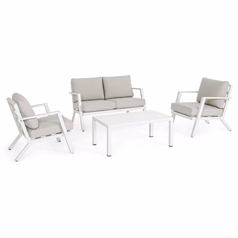 Set salotto da giardino COIMBRA con cuscini e struttura in alluminio bianco, 4 pezzi