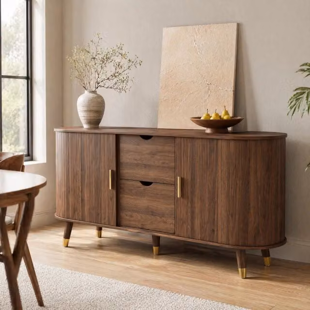 Sideboard in MDF color noce con 2 cassetti; ripiani aperti e gambe in legno massello