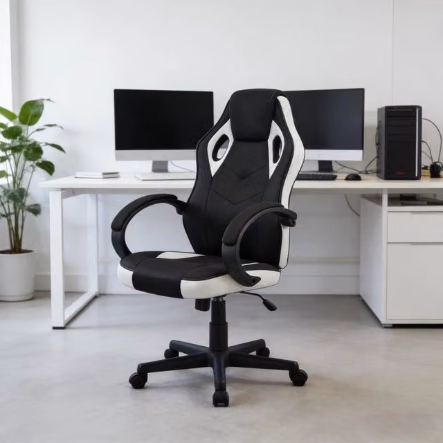 Sedia da ufficio ergonomica REDOM moderna in tessuto e similpelle nero e bianco con braccioli e ruote