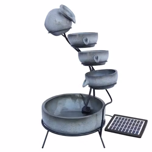 MonsterShop - Fontana Solare a Cascata da Giardino con Batteria di Supporto da 6 Ore Fontanella con Pannello Solare e Picchetto Fontanella a Vasi Fontana con Ciotole - Grigio