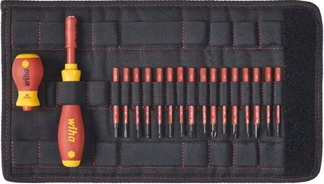 Set di cacciaviti Wiha slimVario con 19 inserti slimBit isolati 1000V e borsa pieghevole nero e multicolore