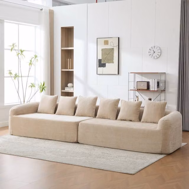 Divano con chaise longue in ciniglia kaki chiaro