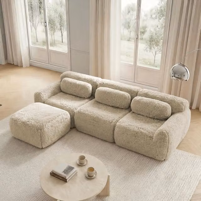 Divano angolare modulare senza struttura con pouf collegabile per soggiorno in peluche kaki chiaro 291 × 179 × 73 cm