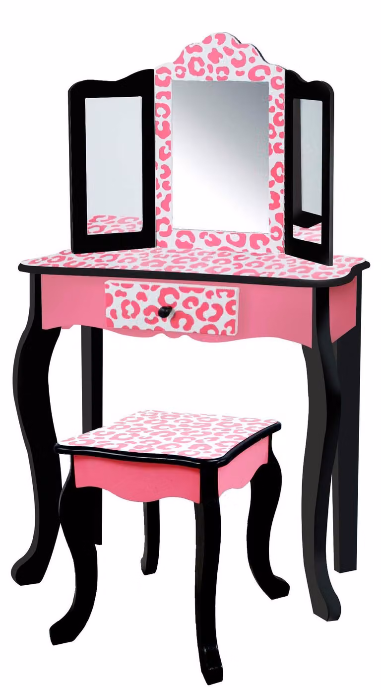 Omgoods - Set da trucco in legno con sedia per bambini - Motivo leopardo