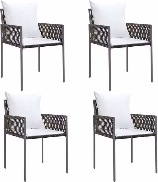 Set di 4 sedie da giardino in polyrattan con cuscini marroni e bianchi, modello moderno con braccioli, H 83 x L 54 x P 61 cm – 1