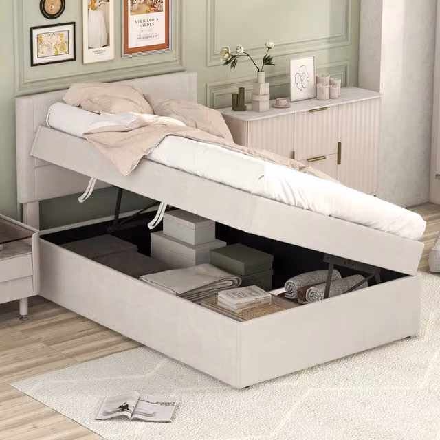 Letto singolo imbottito 90x200 beige con contenitore sottoletto; rete a doghe e struttura in MDF
