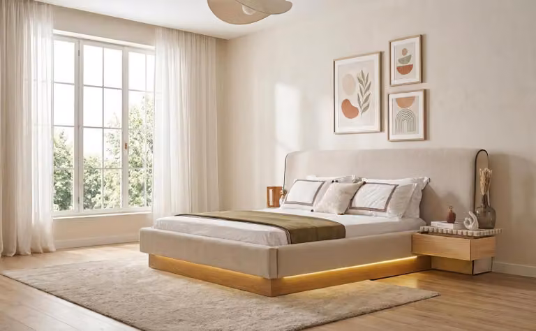 Set per camera da letto, comodino moderno, beige, elegante, lussuoso, con letto imbottito