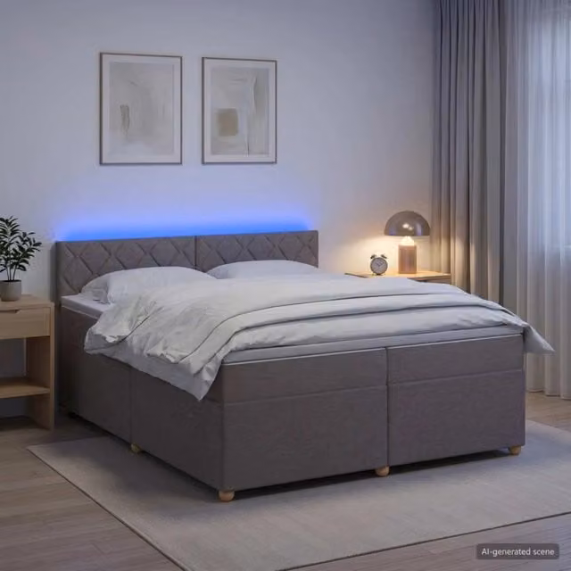 Letto box spring con materasso ibrido vidaXL in tessuto beige e grigio con base contenitore e porta USB L/P/H: 200 x 200 x 76,5 cm