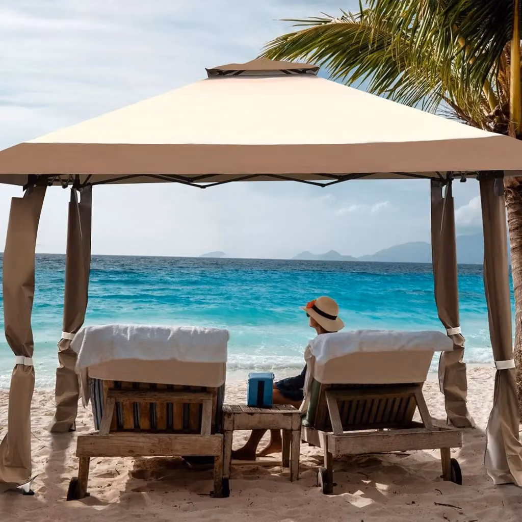 Gazebo da giardino Costway marrone con tetto a 2 livelli e 3 altezze regolabili, L/P: 395 x 395 cm – 2