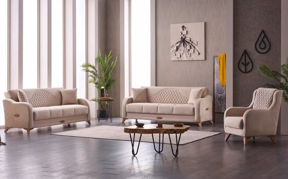 Komplette Couchgarnitur Stoffsofa Polstersofa Beige Set Couchen Sessel