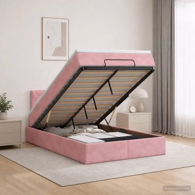 Letto ottomano moderno vidaXL in velluto rosa e bianco con contenitore a sollevamento e materasso a molle L/P/H: 120 x 200 x 88 cm – 1