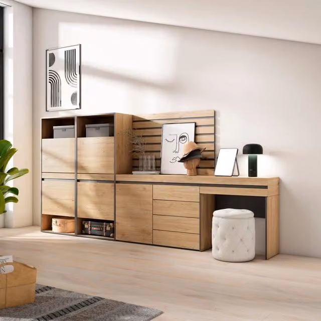 Scarpiera moderna SKRAUT HOME in legno e MDF con ante basculanti e cassetti, colore Rovere, L: 297 cm, P: 35 cm, H: 145 cm