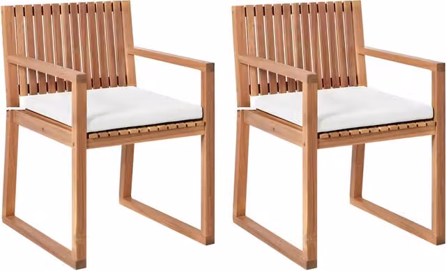 Set di 2 sedie da pranzo da giardino con cuscini, marrone chiaro e bianco sporco in legno di acacia certificato effetto lino stile rustico