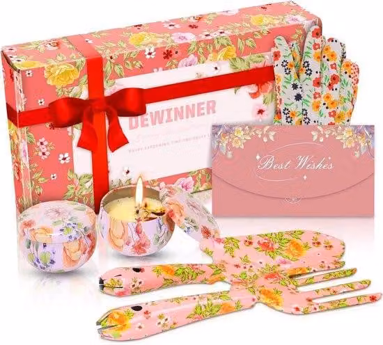 Set di attrezzi da giardino Unyqoos® con motivo floreale e manico ergonomico, il regalo perfetto per le appassionate di giardinaggio, completo di candele per aromaterapia