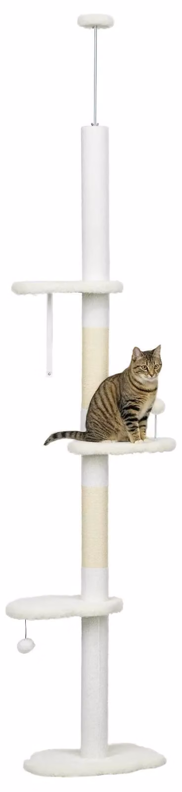Tiragraffi per gatti - Altezza massima 225–255 cm - 4 livelli - Legno con peluche - Palline - Bianco