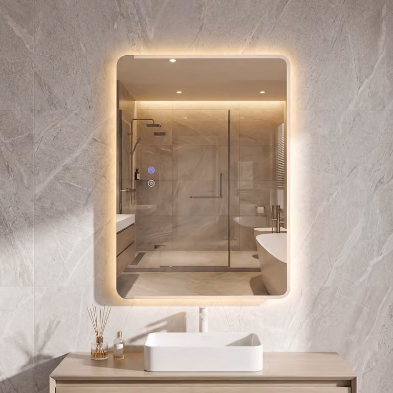 Specchio da bagno Costway con LED retroilluminato e funzione antiappannamento, vetro temperato anti-esplosione, dimmerabile, colore bianco, L: 70 cm x H: 50 cm