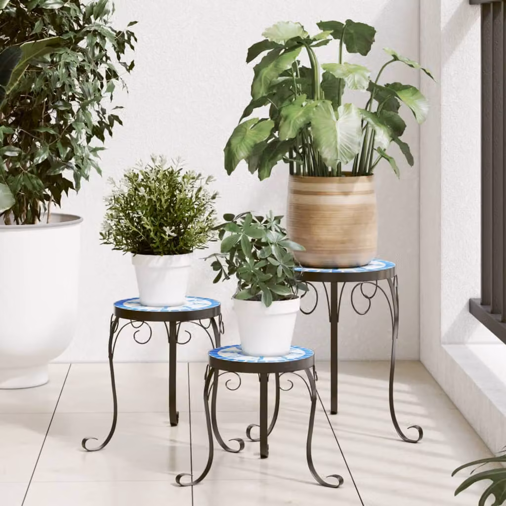 Set di 3 supporti per piante vidaXL in ceramica e acciaio, colori blu e bianco, Altezza: 35 cm