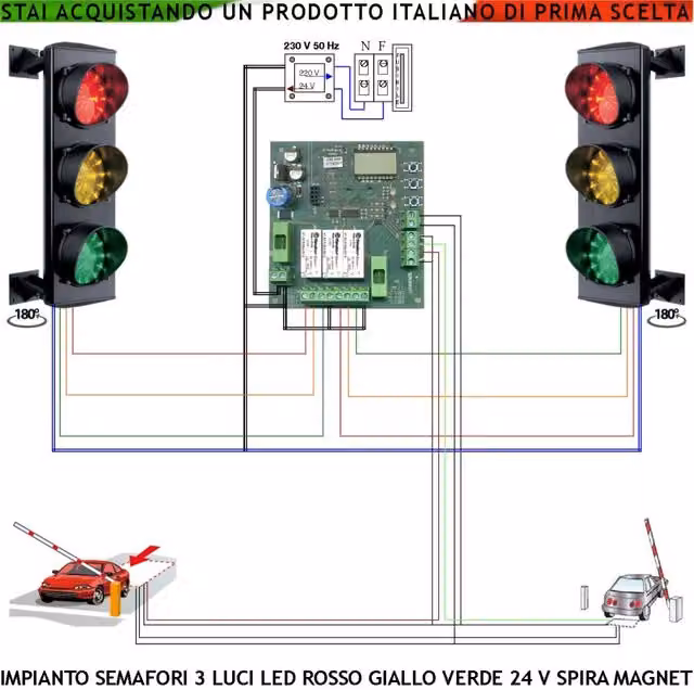 Kit Semaforo Impianto a 3 Luci Securvera con Centrale di Comando, 3 Schede LED (24 Rossi, 24 Gialli, 24 Verdi), 24V, IP65, con 2 Spire Interrate da 6 Metri per Ingresso e Uscita Veicoli Garage – 1