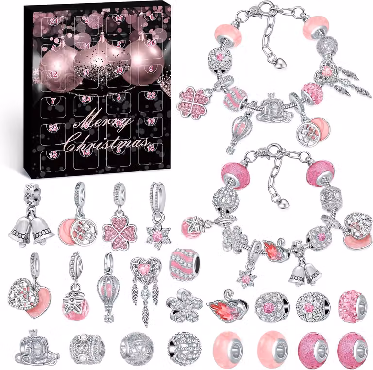 Calendario dell'Avvento con gioielli, set da 24 pezzi, ideale per creare braccialetti con ciondoli, adatto a ragazze e donne