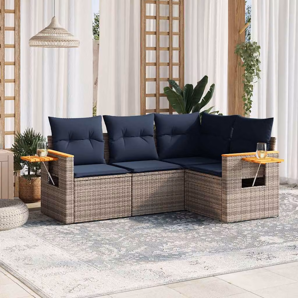 vidaXL Set Divani da Giardino 4 pz a L in Polyrattan con Cuscini e Tavolino, Grigio – 1