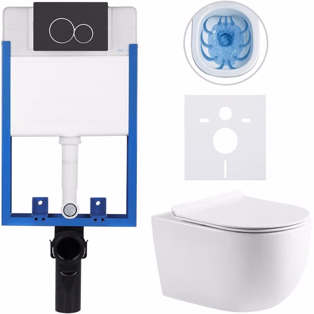 CERANO - Set completo per WC da incasso Lite/Felci - bianco lucido - pulsante WC Duo, nero opaco - da incasso - 52,5x36 cm
