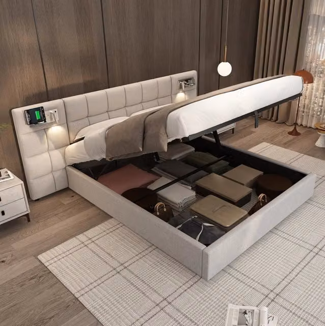 Letto imbottito 180x200 cm con USB; ricarica wireless; luce e contenitore; grigio