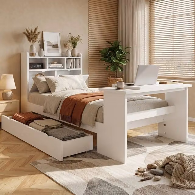 Letto singolo 90x200 cm con scrivania pieghevole e cassetto bianco HAVRYA