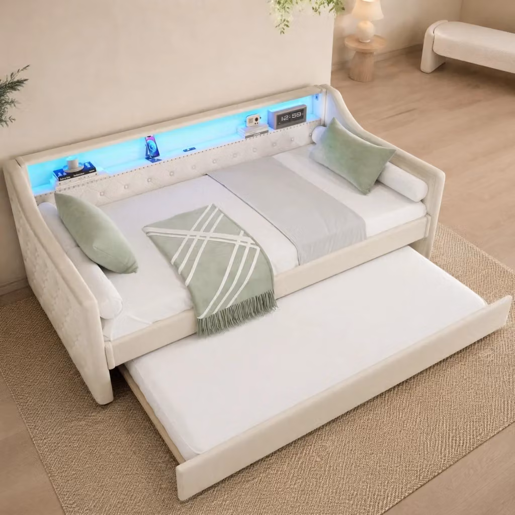 Divano letto estraibile REDOM in tessuto beige con illuminazione LED e porta USB, L/P/H: 90 x 200 cm – 2