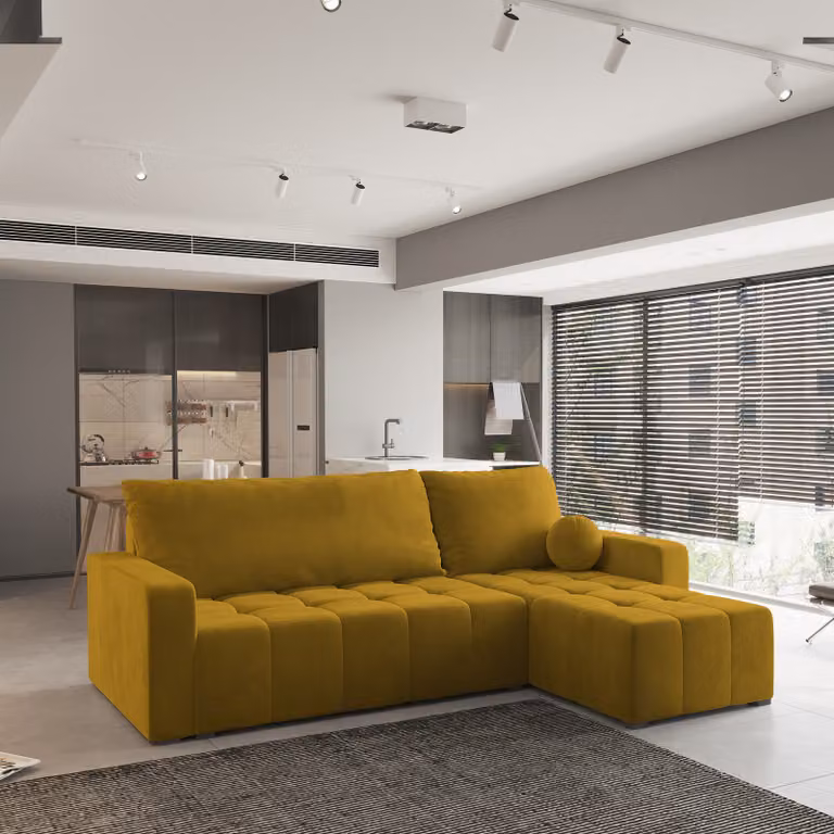 Divano angolare Masseno VOLIRA con funzione letto a L, divano con box letto, divano da salotto, divano, divano, divano letto, set di divani - giallo, KRONOS 01
