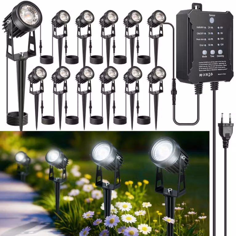 12 faretti LED per esterni a 24V, con sensore di luminosità, luce bianca fredda (5000-6000K), grado di protezione IP65