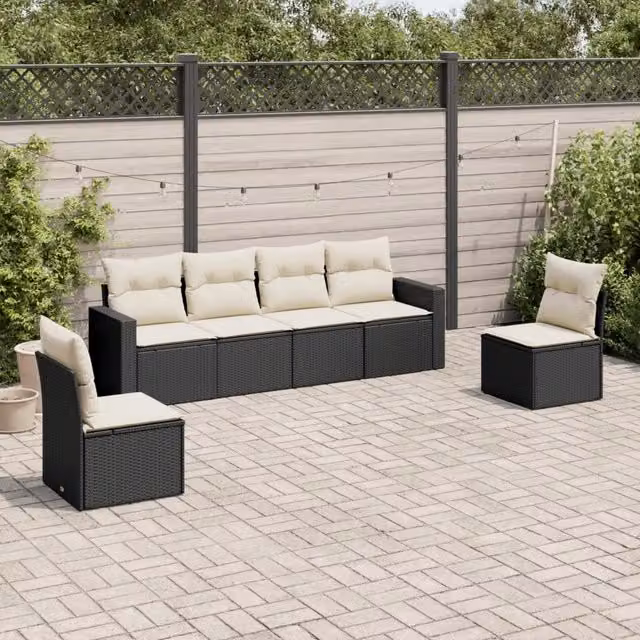 Set Divano da Giardino 6 pz con Cuscini-Sofa da Giardino-Divanetto da esterno Nero in Polyrattan 502563