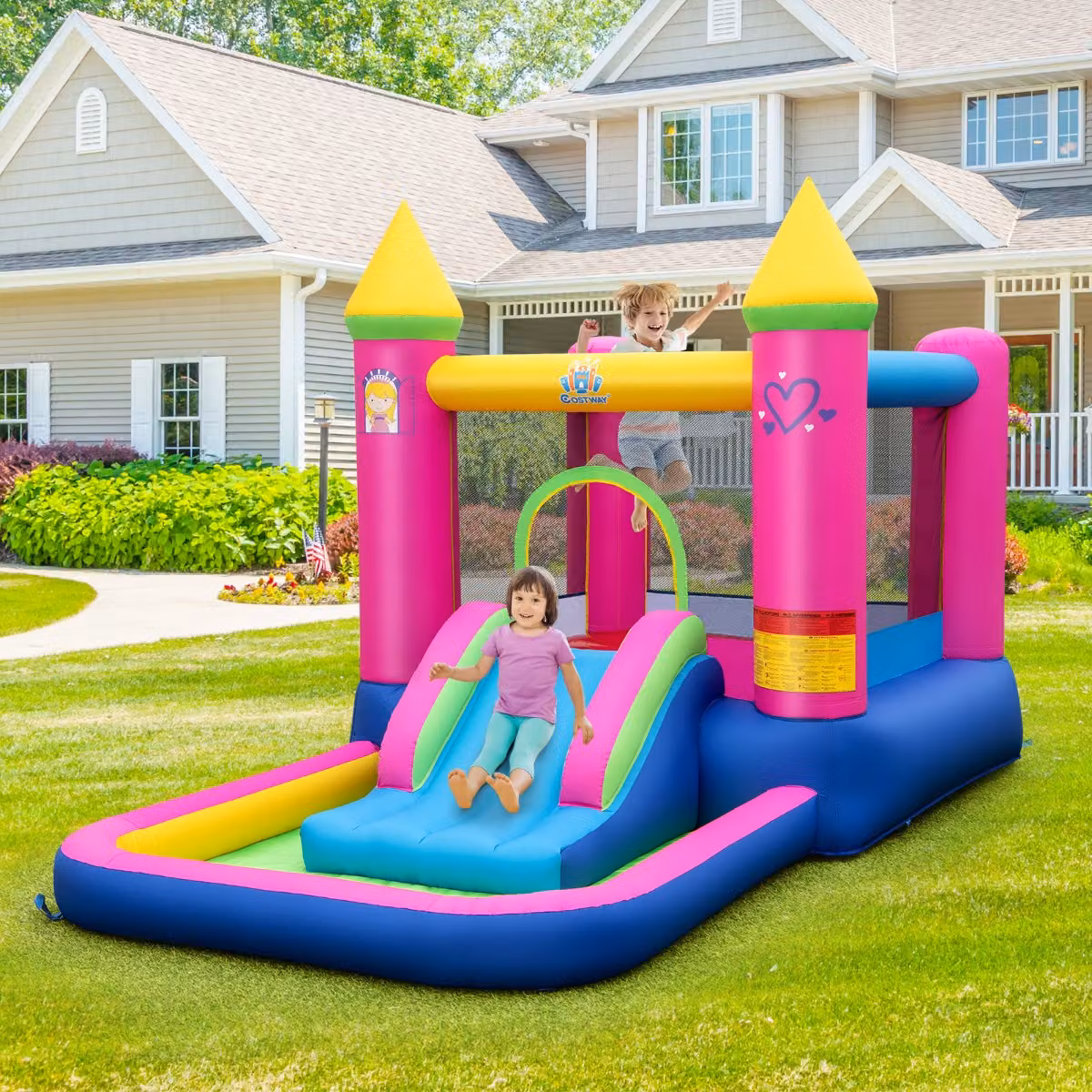 Castello gonfiabile 4-in-1 Costway a tema principessa con scivolo e vasca per palline, multicolore, per interni ed esterni