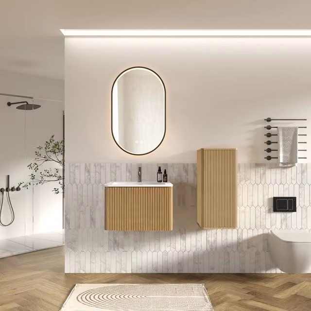 Mobile sottolavabo sospeso con lavabo e colonna da bagno specchio LED regolabile finitura rovere per bagno moderno