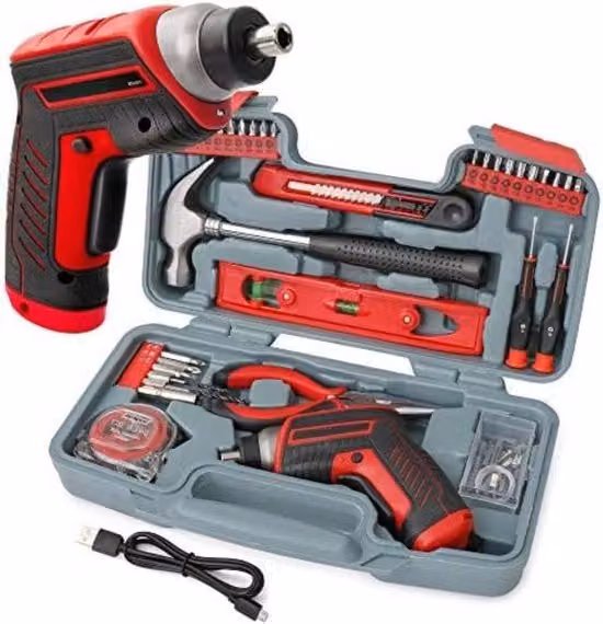 Kit di attrezzi completo Hi-Spec in valigetta con batteria ricaricabile, cacciaviti, martelli, livella e punte, colore rosso