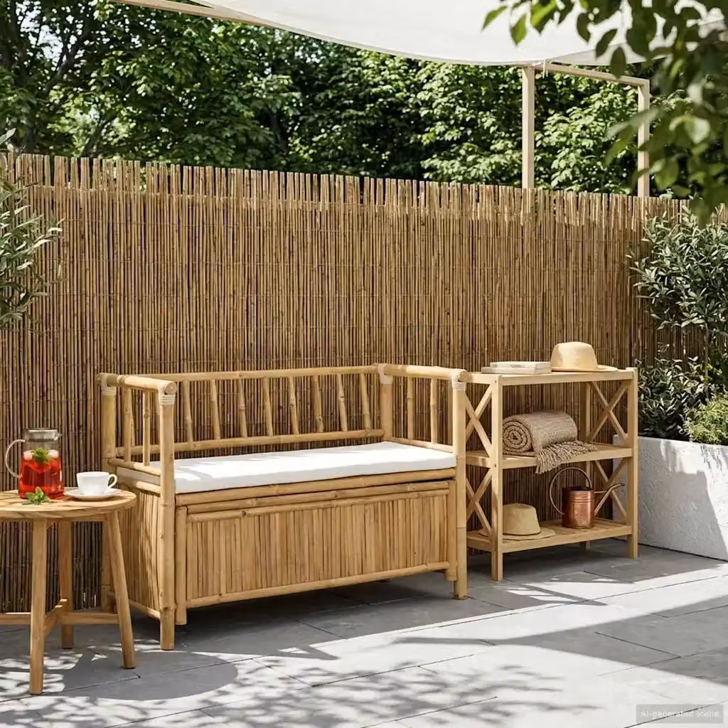 Panchina da giardino con contenitore in bambù color marrone e beige L/P/H: 110 x 47 x 80 cm – 2