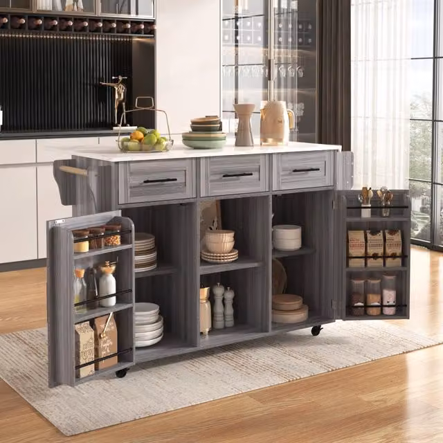 Carrello da cucina con piano pieghevole effetto marmo bianco; 139 x 46 cm; grigio