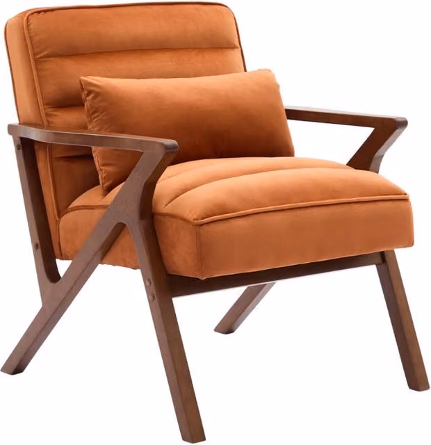 Poltrona scandinava Sweeek in velluto arancione con struttura in legno