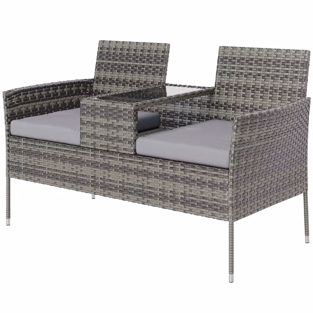 Panchina da giardino con tavolino Xylo in acciaio e rattan PE grigio L 137 x P 59 x H 82 cm – 2