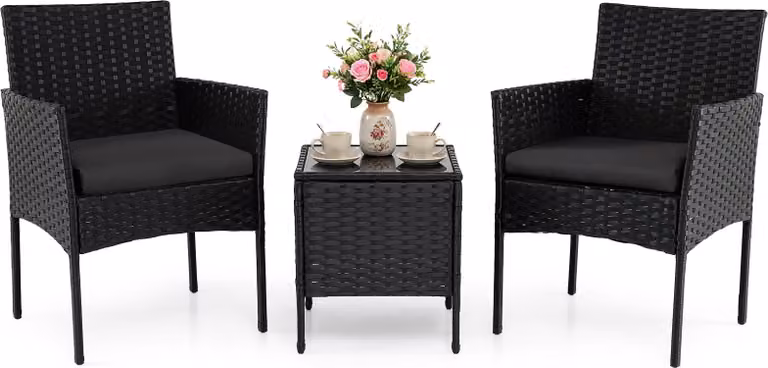 Set di mobili da giardino in polyrattan COSTWAY, 3 pezzi. Mobili da balcone con tavolo da giardino, 2 sedie con cuscini inclusi, salotto da giardino, mobili da terrazza, set da balcone nero