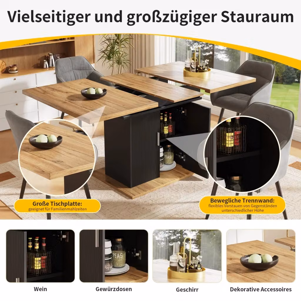 Tavolo da pranzo estensibile moderno REDOM in MDF e metallo, L/P/H: 110-140 x 70 x 76 cm, Nero e Marrone – 2