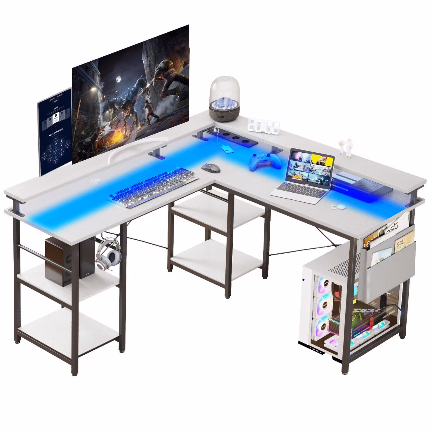 Tavolo da gioco ZELURXX a forma di L con illuminazione LED RGB, con borsa, supporto per doppio monitor, supporto per cuffie e prese, bianco