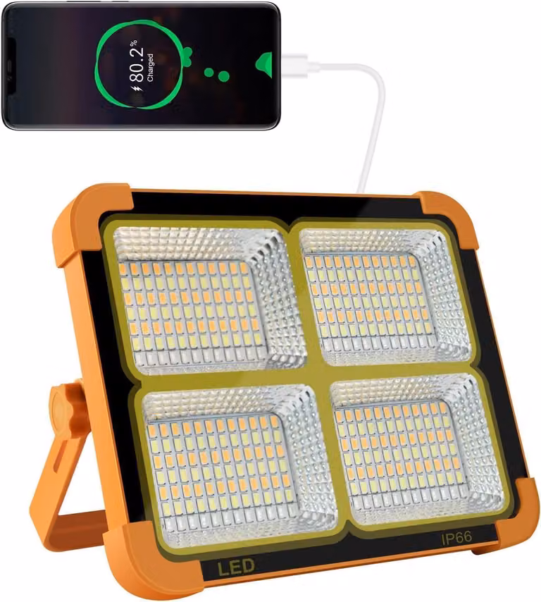 Lampada da lavoro a LED da 100W, 10.000 lumen, ricaricabile con pannello solare, batteria da 16500 mAh