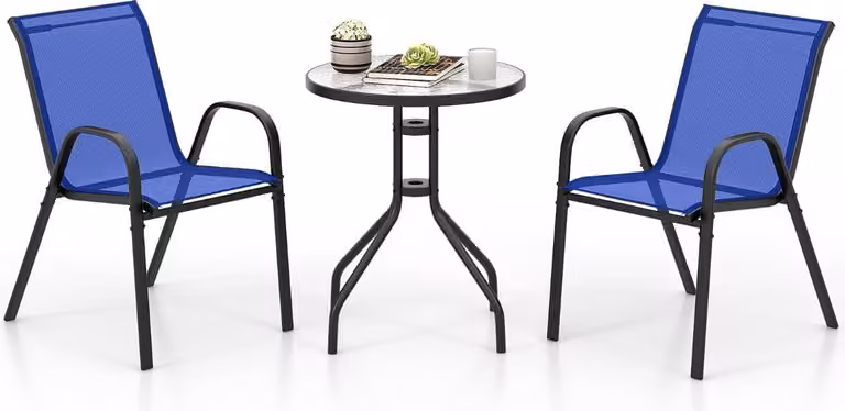 Set da bistrot da esterno 3 pezzi con sedie impilabili, blu
