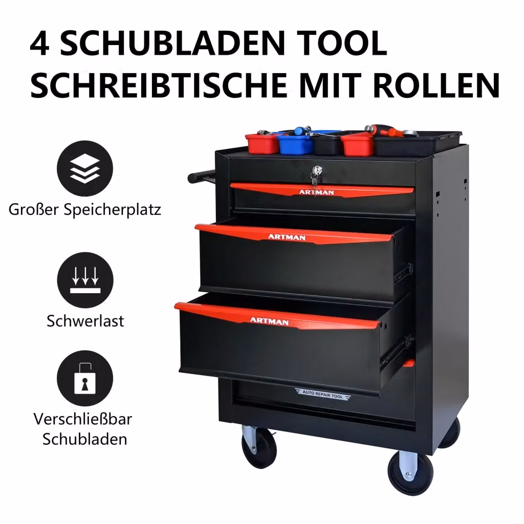Carrello porta attrezzi REDOM con 4 cassetti in acciaio, colore nero e rosso, L: 60 cm, P: 33 cm, H: 77,5 cm – 2