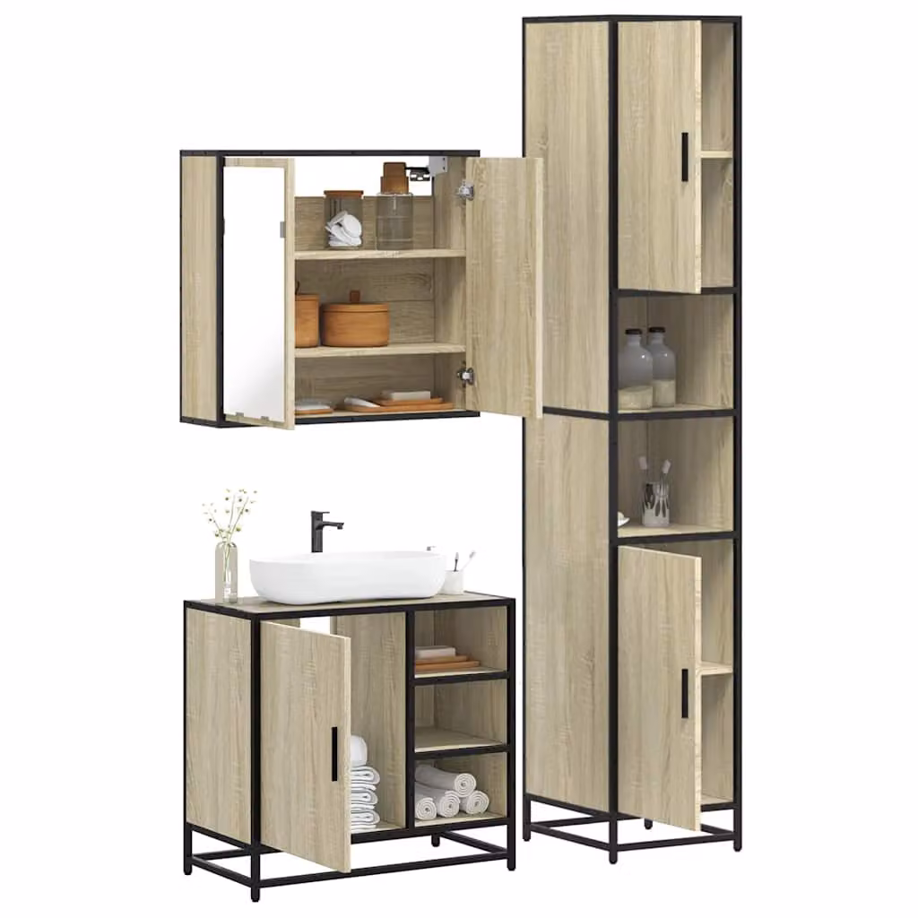 Set di mobili da bagno industrial vidaXL in legno e metallo marrone composto da armadietto con specchio, mobile lavabo e colonna alta